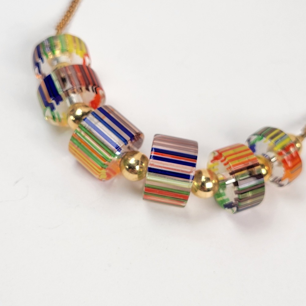 Vintage Multi Color Acrylic Barrel Bead Necklace Gold Tone Striped Rainbow 16in
